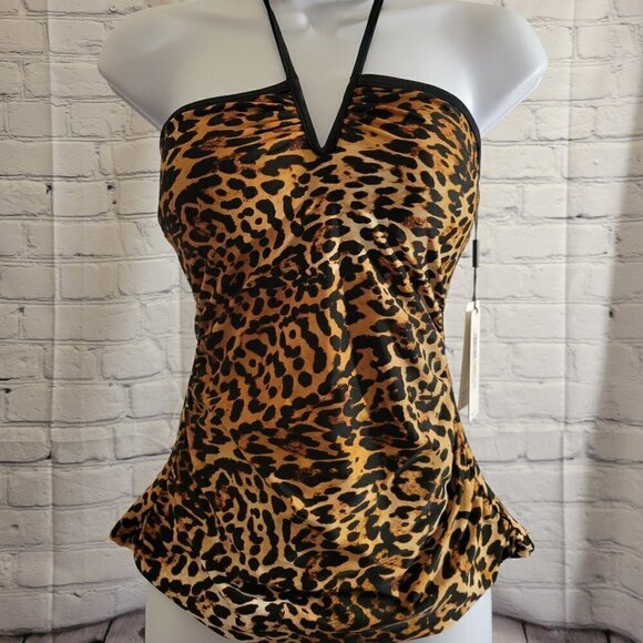 Calvin Klein Women's Animal-Print V-Wire Bandeau Halter Tankini TOP ONLY - Picture 1 of 6